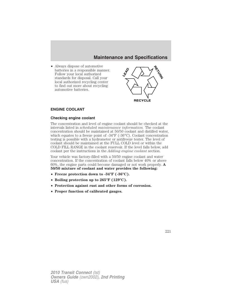 Engine coolant, Checking engine coolant, Maintenance and specifications | FORD 2010 Transit Connect v.2 User Manual | Page 221 / 259