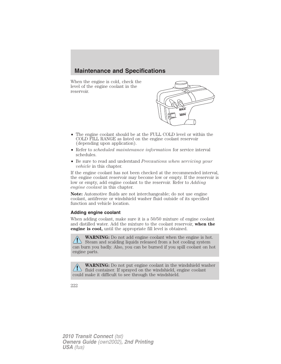 Adding engine coolant, Maintenance and specifications | FORD 2010 Transit Connect v.2 User Manual | Page 222 / 259