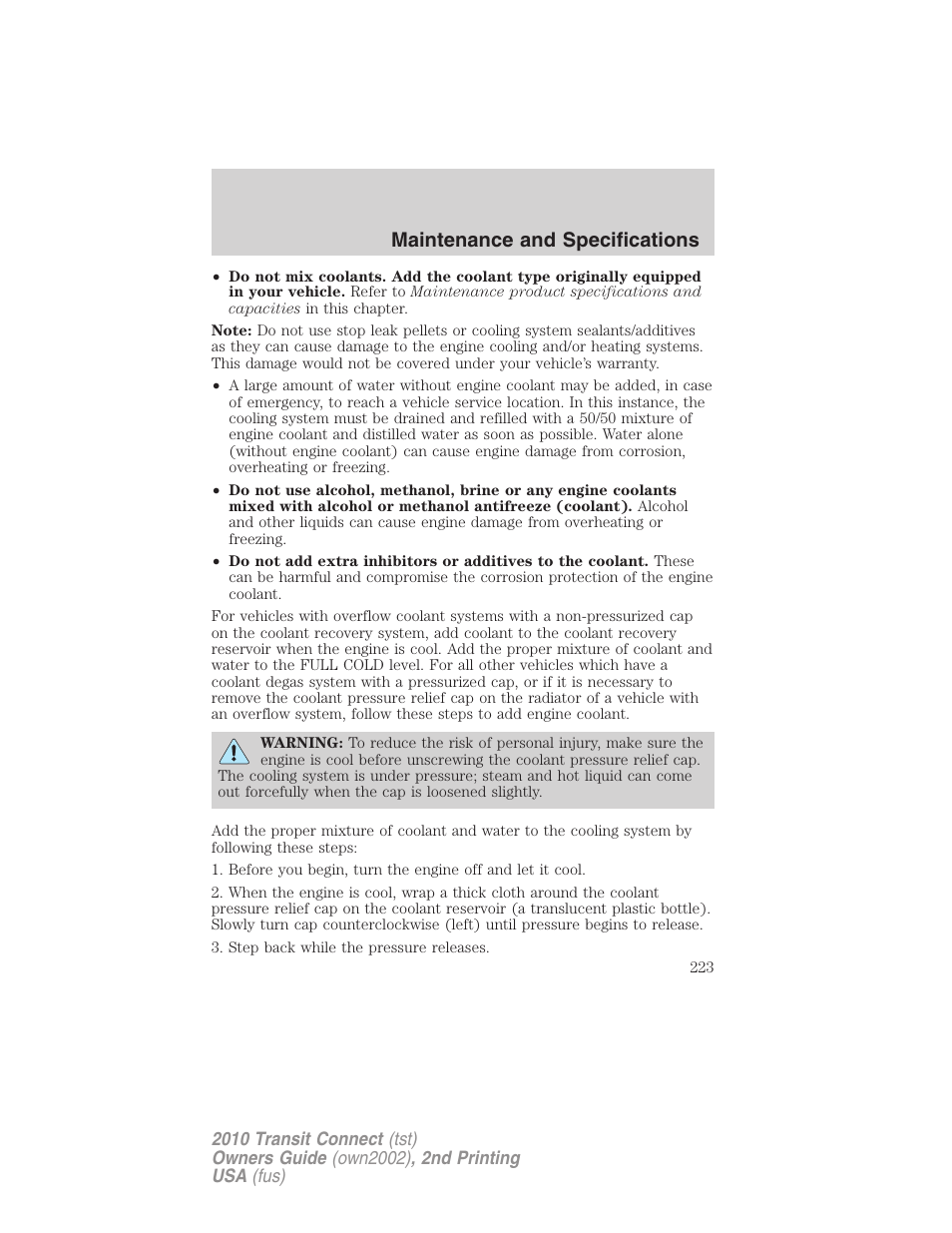 Maintenance and specifications | FORD 2010 Transit Connect v.2 User Manual | Page 223 / 259