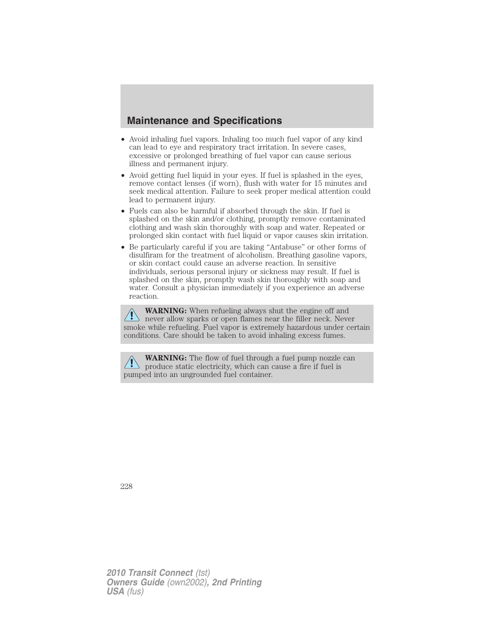 Maintenance and specifications | FORD 2010 Transit Connect v.2 User Manual | Page 228 / 259