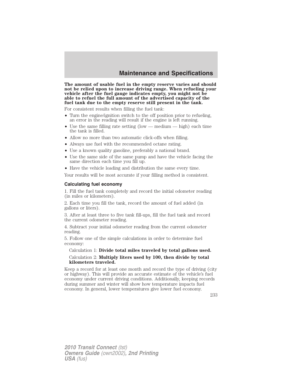 Calculating fuel economy, Maintenance and specifications | FORD 2010 Transit Connect v.2 User Manual | Page 233 / 259