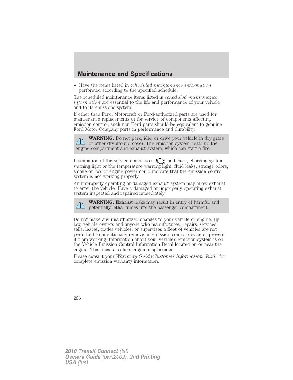 Maintenance and specifications | FORD 2010 Transit Connect v.2 User Manual | Page 236 / 259