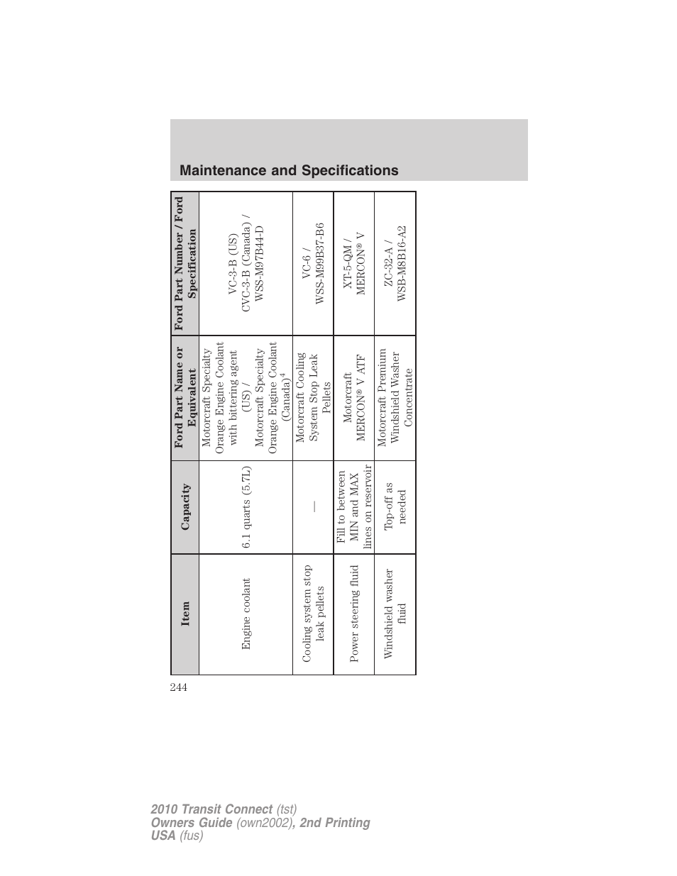 Maintenance and specifications | FORD 2010 Transit Connect v.2 User Manual | Page 244 / 259