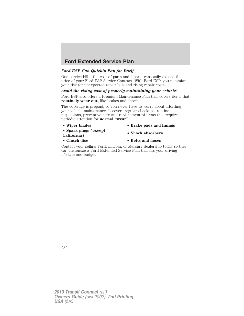 Ford extended service plan | FORD 2010 Transit Connect v.2 User Manual | Page 252 / 259