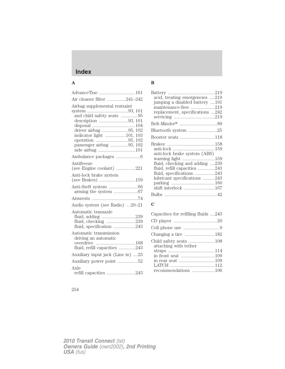 Index | FORD 2010 Transit Connect v.2 User Manual | Page 254 / 259