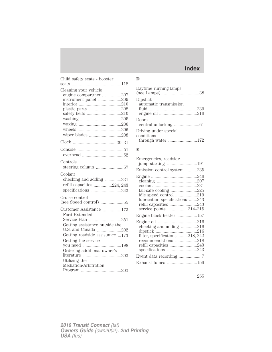 Index | FORD 2010 Transit Connect v.2 User Manual | Page 255 / 259
