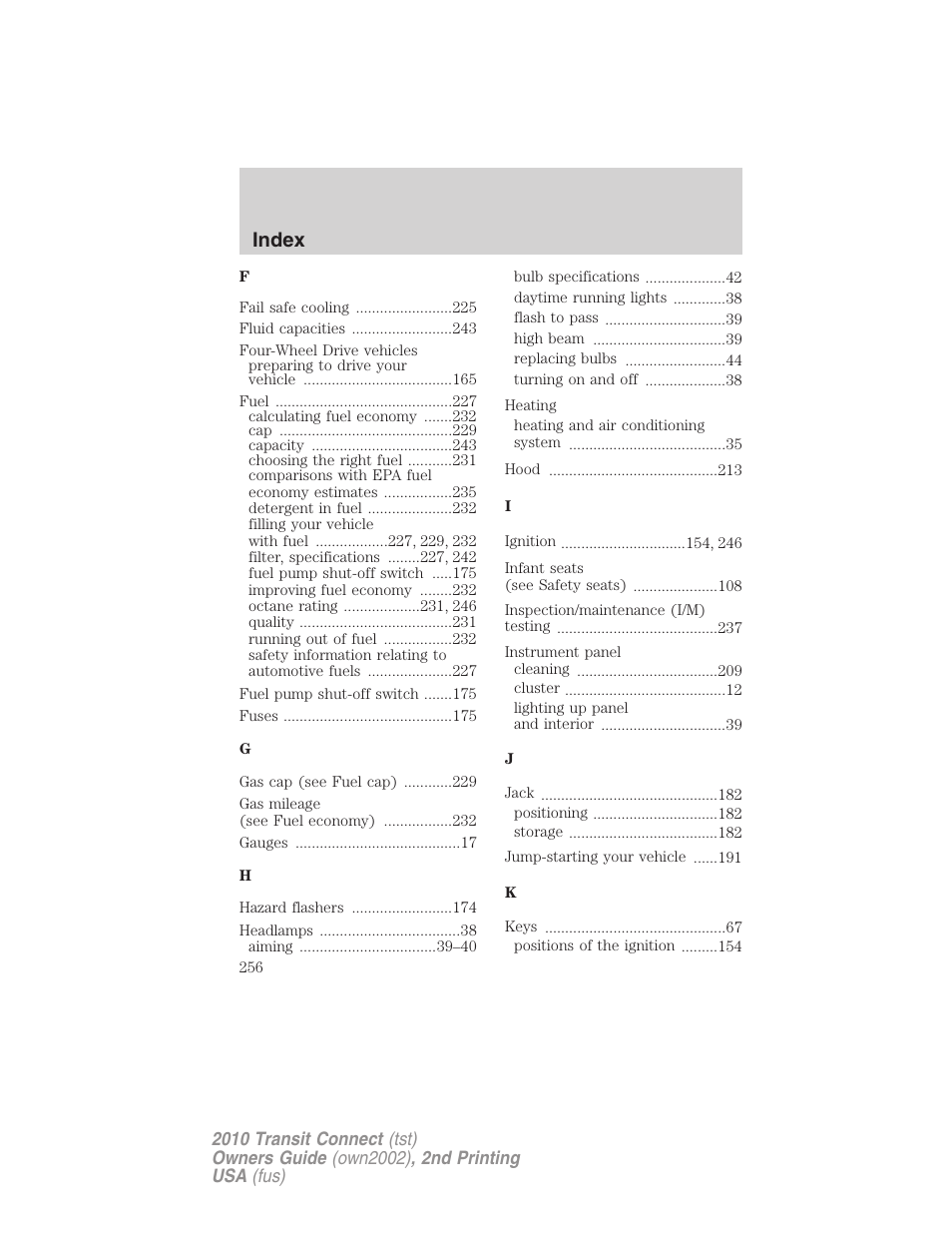 Index | FORD 2010 Transit Connect v.2 User Manual | Page 256 / 259