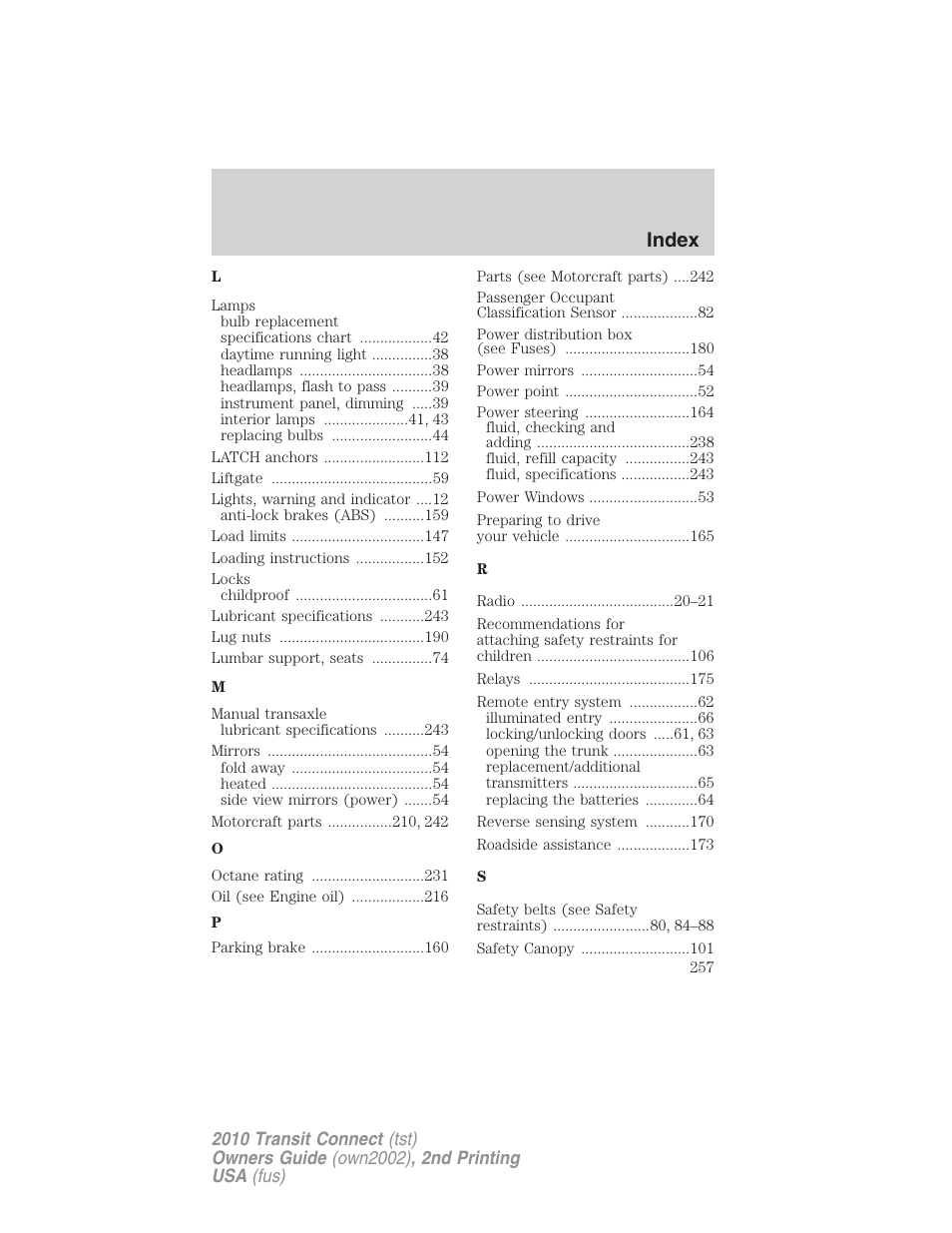 Index | FORD 2010 Transit Connect v.2 User Manual | Page 257 / 259