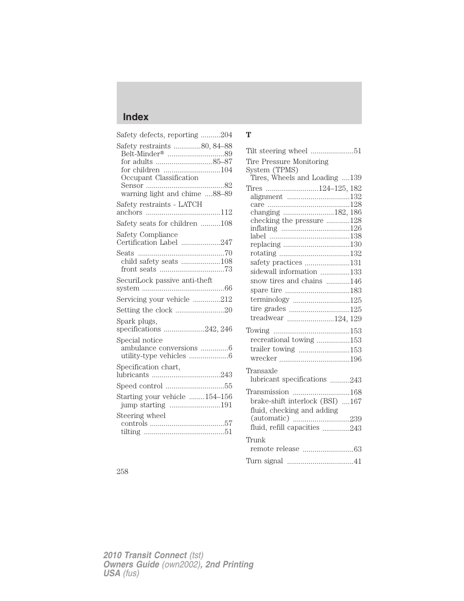 Index | FORD 2010 Transit Connect v.2 User Manual | Page 258 / 259