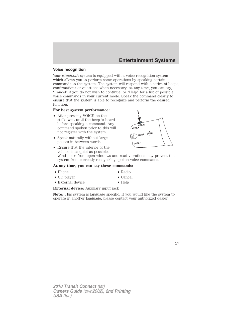 Voice recognition, Entertainment systems | FORD 2010 Transit Connect v.2 User Manual | Page 27 / 259