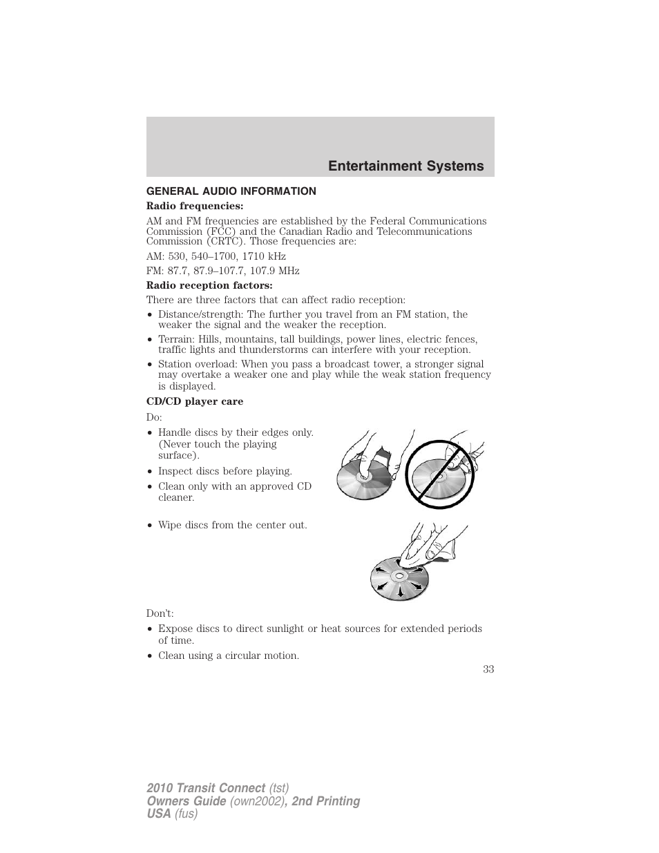 General audio information, Entertainment systems | FORD 2010 Transit Connect v.2 User Manual | Page 33 / 259