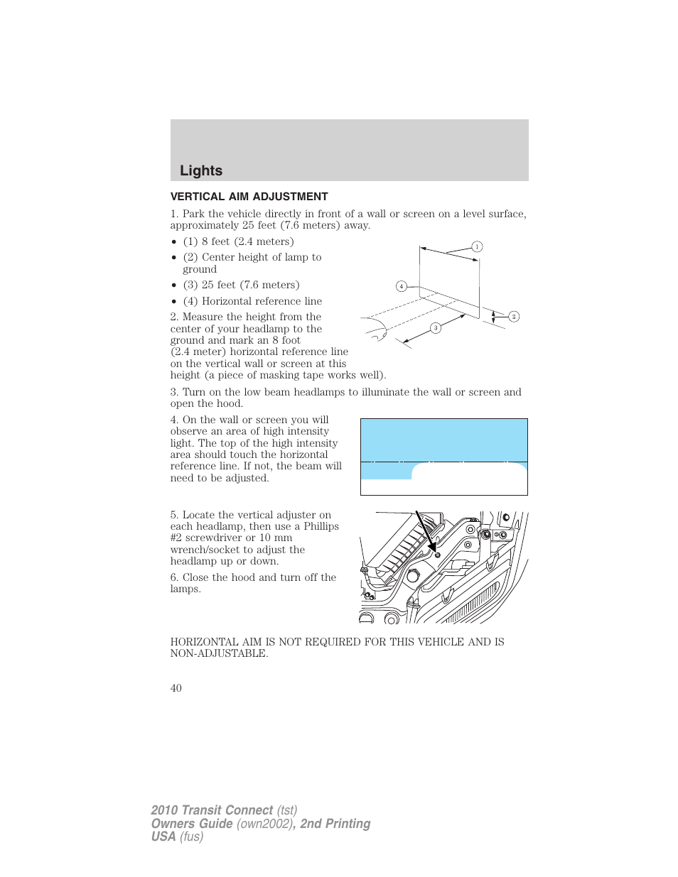 Vertical aim adjustment, Lights | FORD 2010 Transit Connect v.2 User Manual | Page 40 / 259