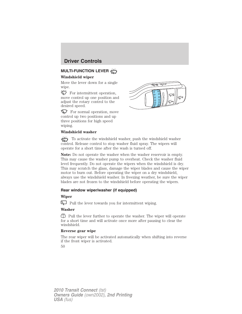 Driver controls, Multi-function lever, Rear window wiper/washer (if equipped) | Windshield wiper/washer control | FORD 2010 Transit Connect v.2 User Manual | Page 50 / 259
