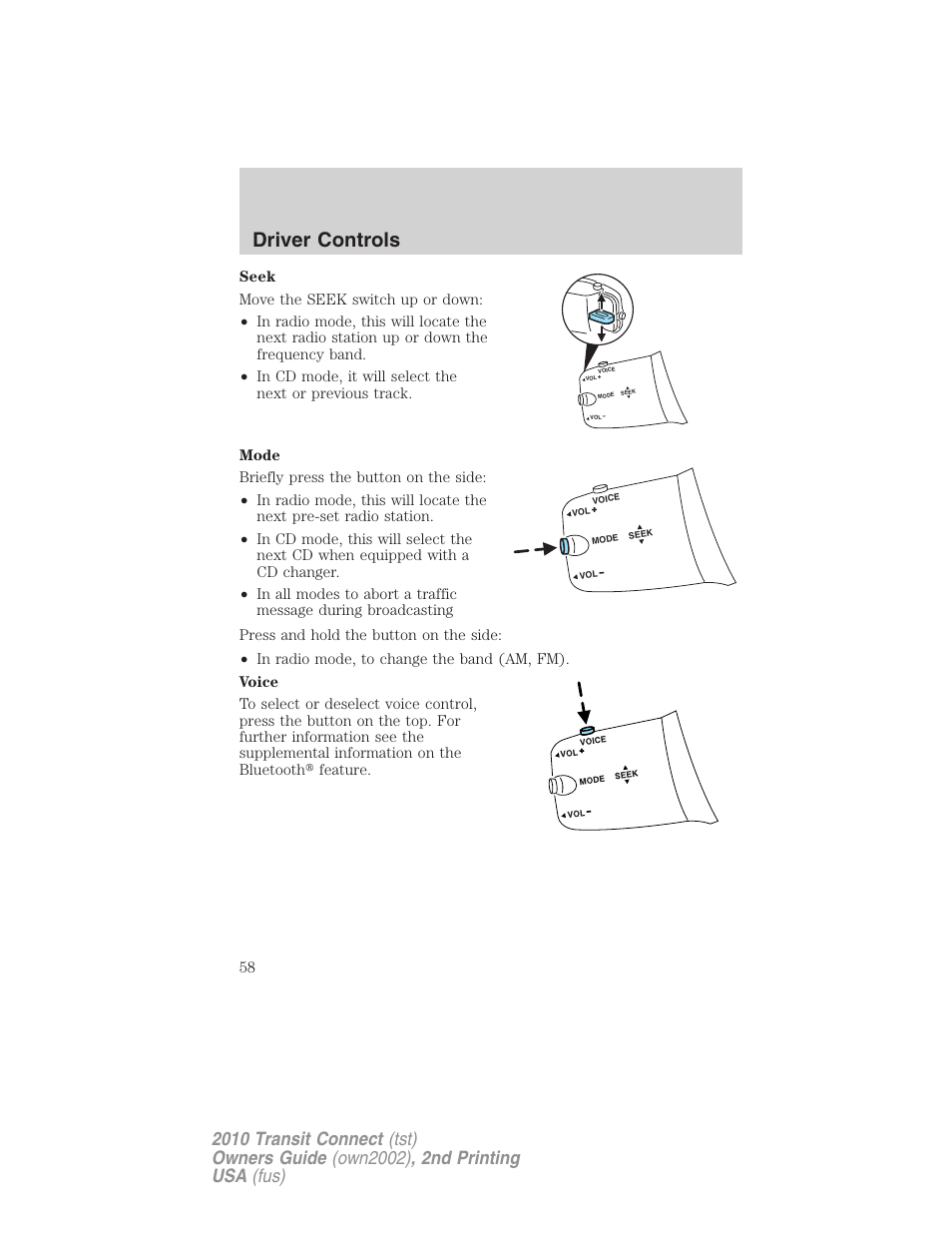 Driver controls | FORD 2010 Transit Connect v.2 User Manual | Page 58 / 259