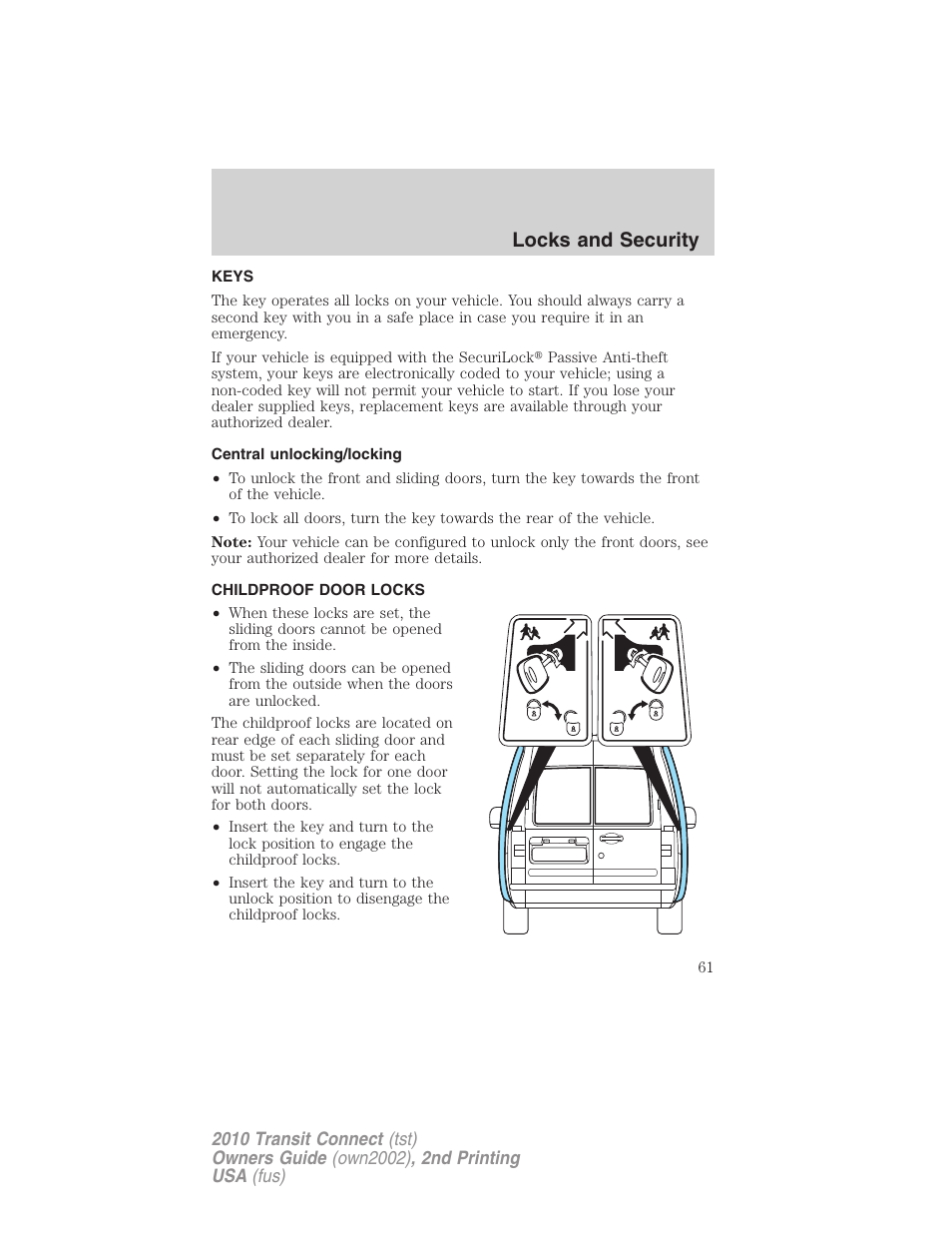 Locks and security, Keys, Central unlocking/locking | Childproof door locks | FORD 2010 Transit Connect v.2 User Manual | Page 61 / 259