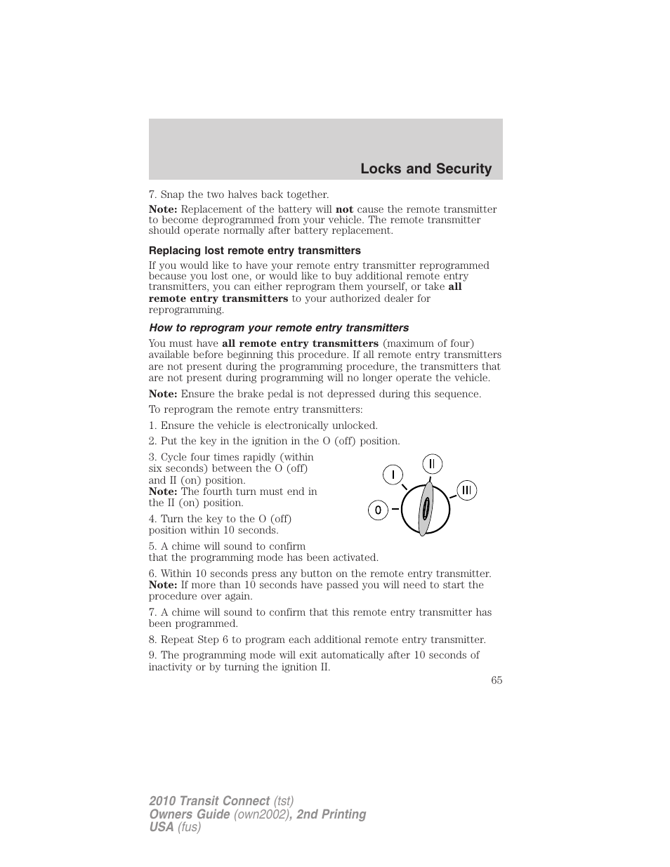 Replacing lost remote entry transmitters, How to reprogram your remote entry transmitters, Locks and security | FORD 2010 Transit Connect v.2 User Manual | Page 65 / 259