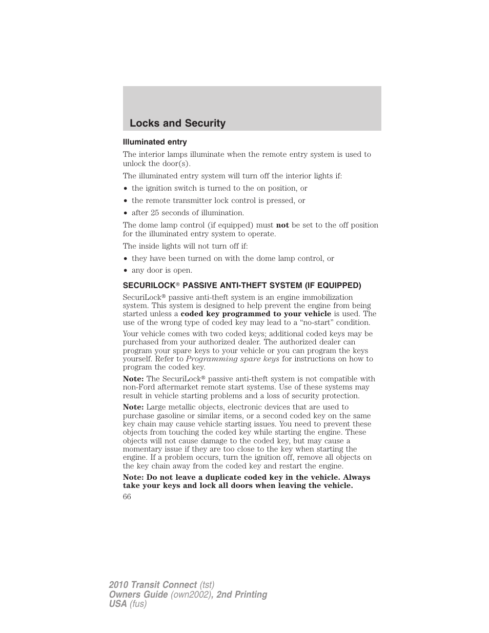 Illuminated entry, Securilock passive anti-theft system (if equipped), Anti-theft system | Locks and security | FORD 2010 Transit Connect v.2 User Manual | Page 66 / 259