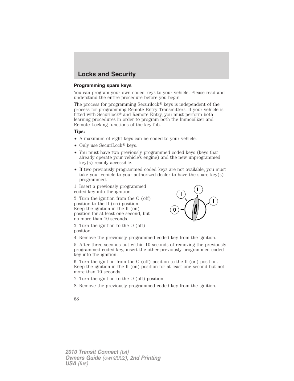 Programming spare keys, Locks and security | FORD 2010 Transit Connect v.2 User Manual | Page 68 / 259