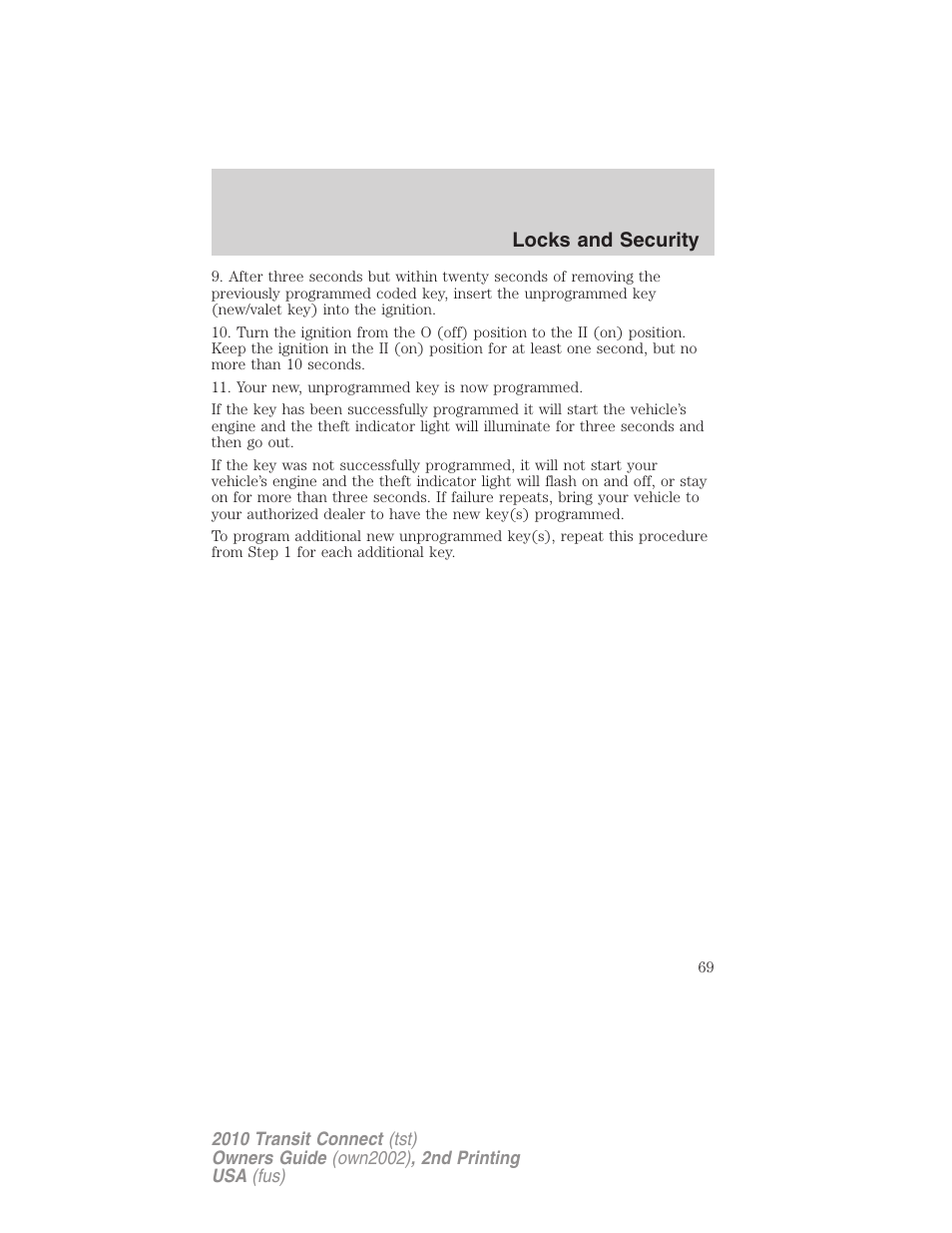 Locks and security | FORD 2010 Transit Connect v.2 User Manual | Page 69 / 259
