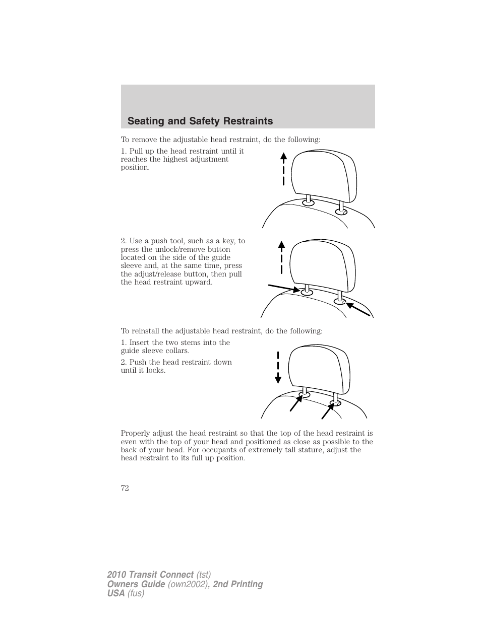 Seating and safety restraints | FORD 2010 Transit Connect v.2 User Manual | Page 72 / 259