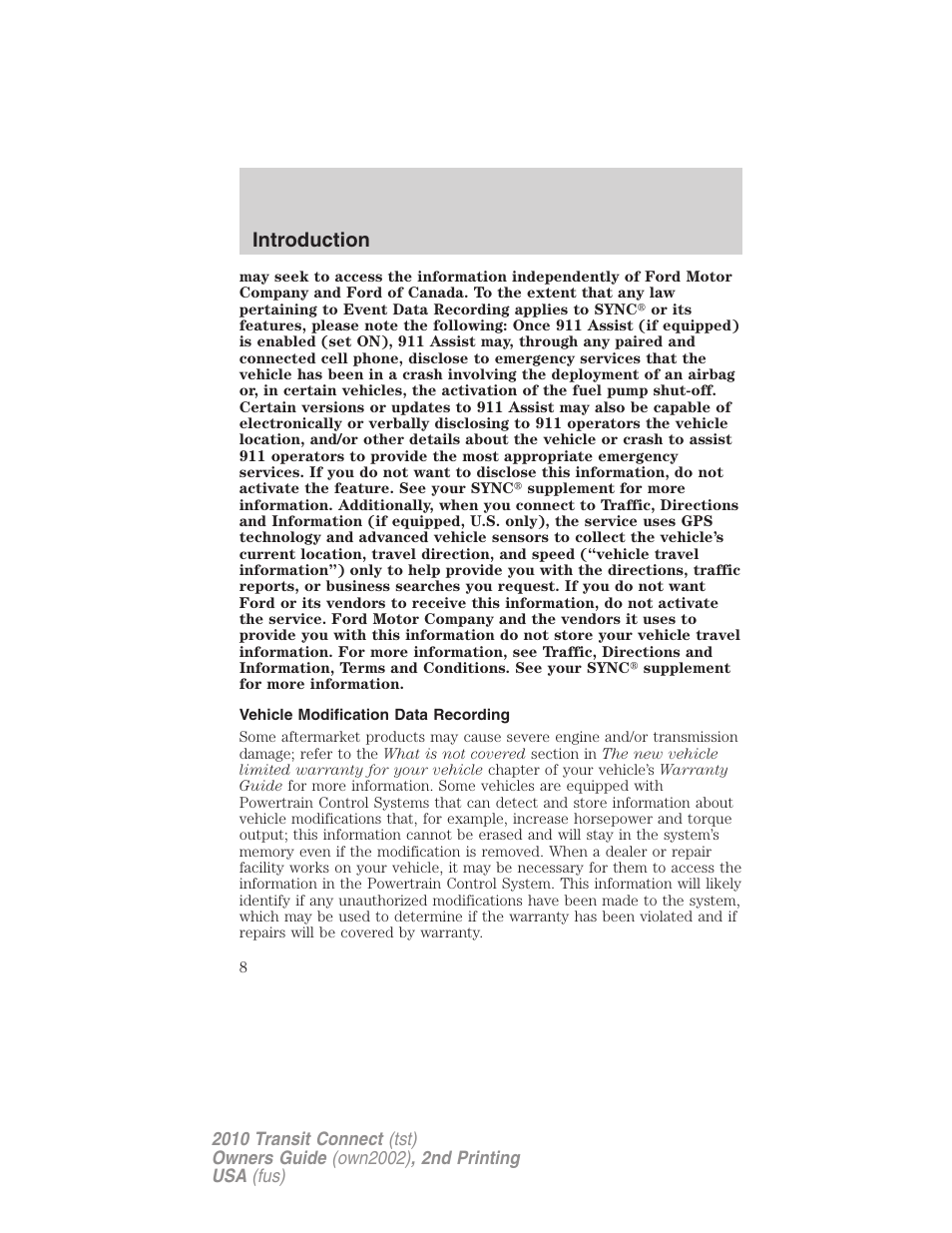 Vehicle modification data recording, Introduction | FORD 2010 Transit Connect v.2 User Manual | Page 8 / 259