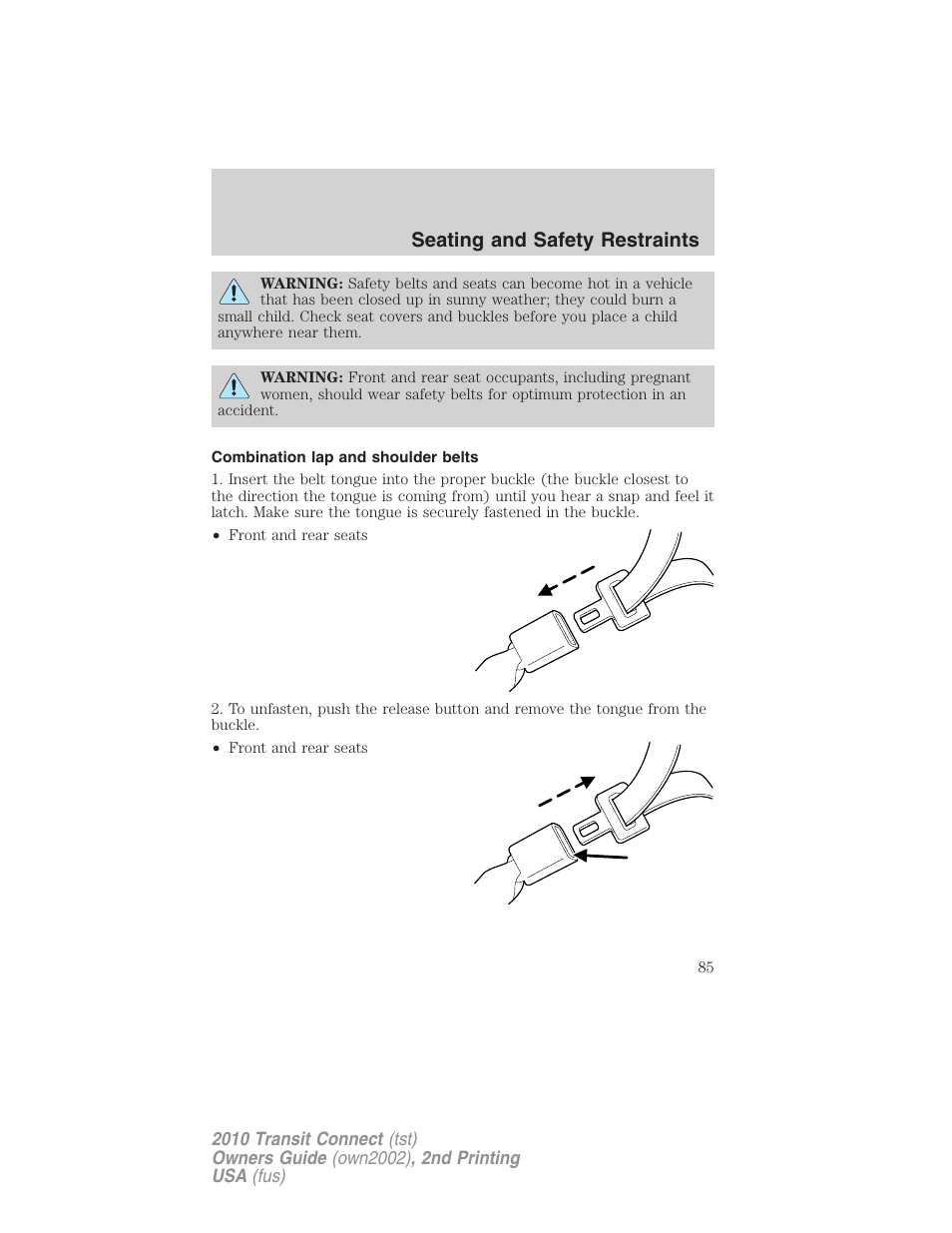 Combination lap and shoulder belts, Seating and safety restraints | FORD 2010 Transit Connect v.2 User Manual | Page 85 / 259