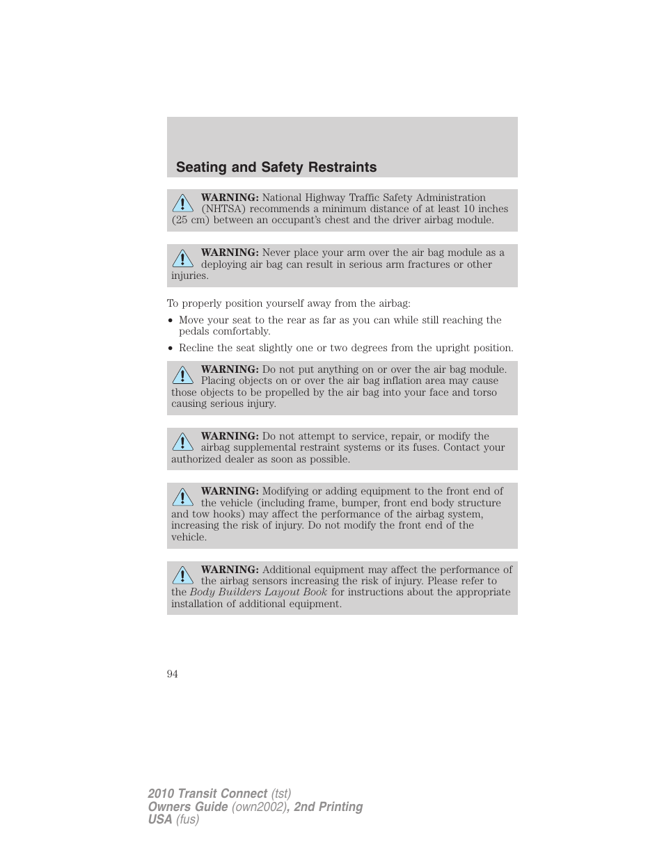 Seating and safety restraints | FORD 2010 Transit Connect v.2 User Manual | Page 94 / 259