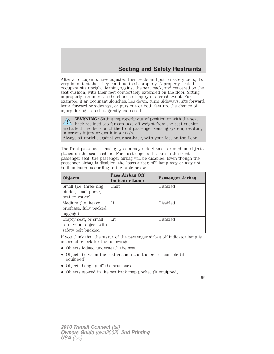 Seating and safety restraints | FORD 2010 Transit Connect v.2 User Manual | Page 99 / 259