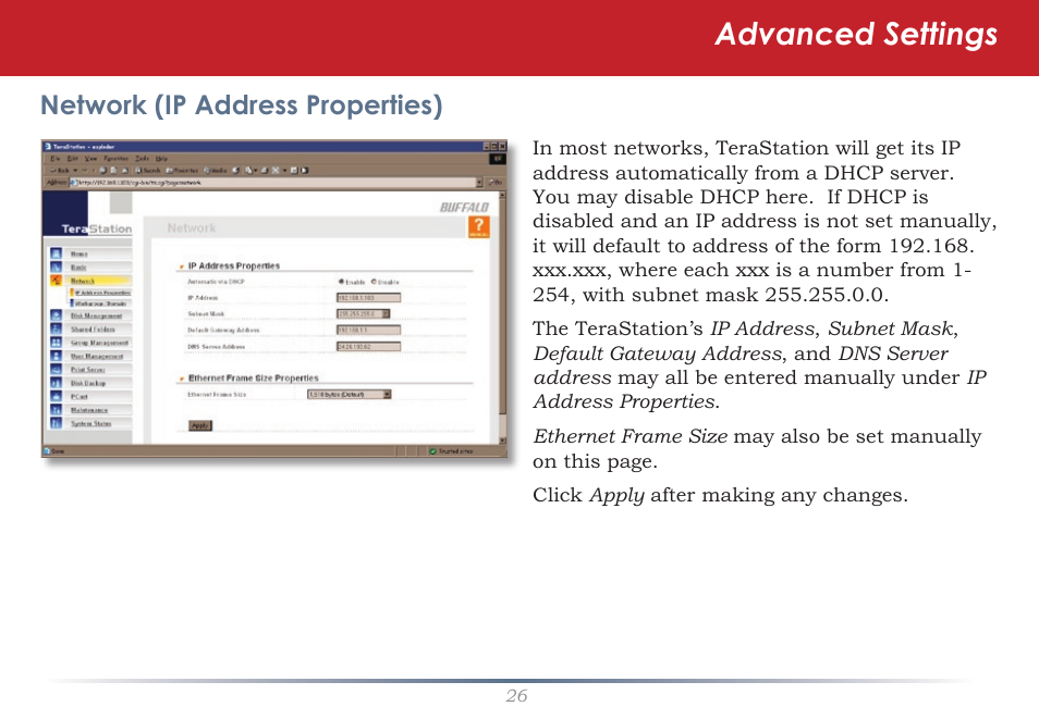 Advanced settings, Network (ip address properties) | Buffalo Technology TeraStation HS-DTGL/R5 User Manual | Page 26 / 84