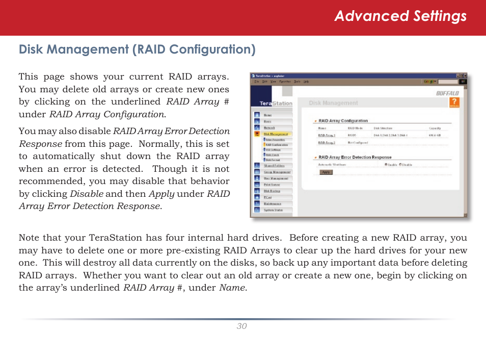 Advanced settings, Disk management (raid configuration) | Buffalo Technology TeraStation HS-DTGL/R5 User Manual | Page 30 / 84