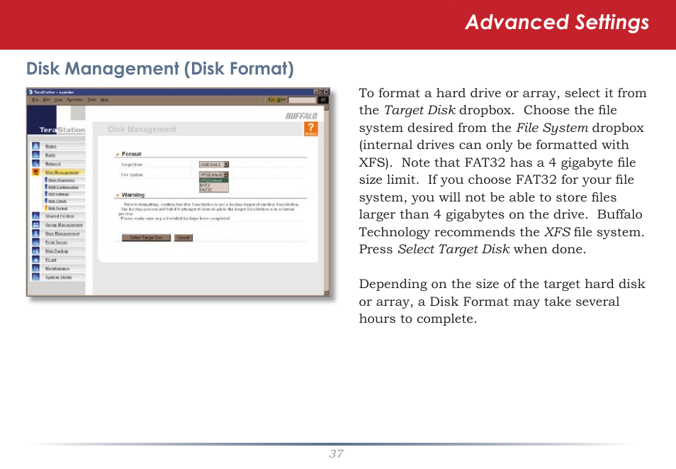 Advanced settings, Disk management (disk format) | Buffalo Technology TeraStation HS-DTGL/R5 User Manual | Page 37 / 84