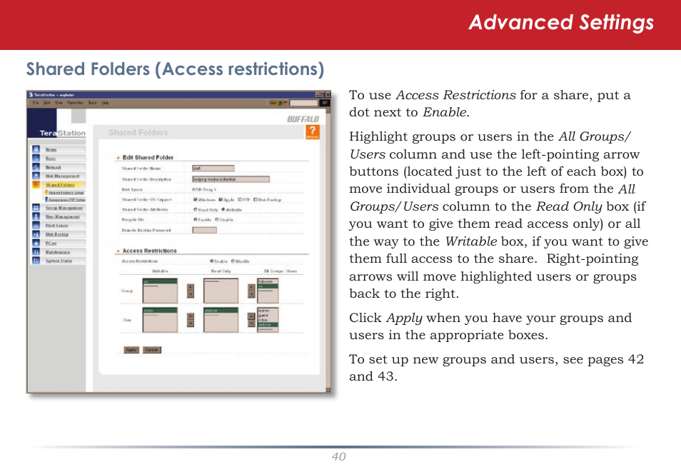 Advanced settings, Shared folders (access restrictions) | Buffalo Technology TeraStation HS-DTGL/R5 User Manual | Page 40 / 84