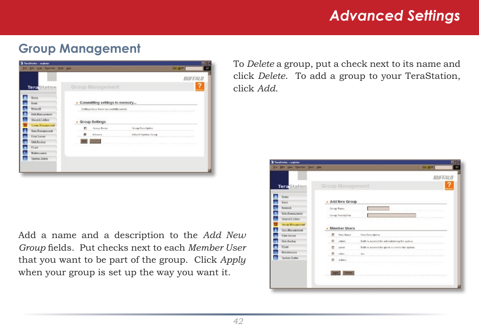 Advanced settings, Group management | Buffalo Technology TeraStation HS-DTGL/R5 User Manual | Page 42 / 84