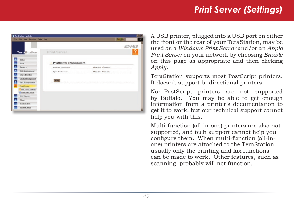 Print server (settings) | Buffalo Technology TeraStation HS-DTGL/R5 User Manual | Page 47 / 84