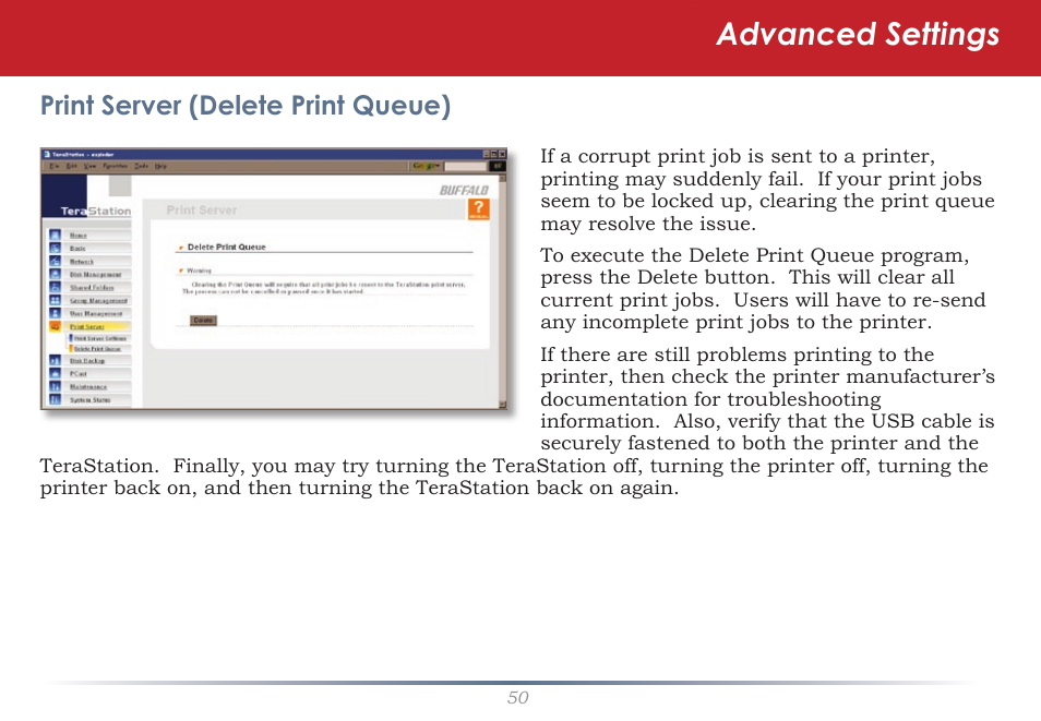 Advanced settings, Print server (delete print queue) | Buffalo Technology TeraStation HS-DTGL/R5 User Manual | Page 50 / 84