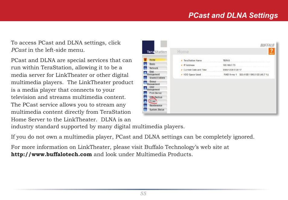 Pcast and dlna settings | Buffalo Technology TeraStation HS-DTGL/R5 User Manual | Page 55 / 84