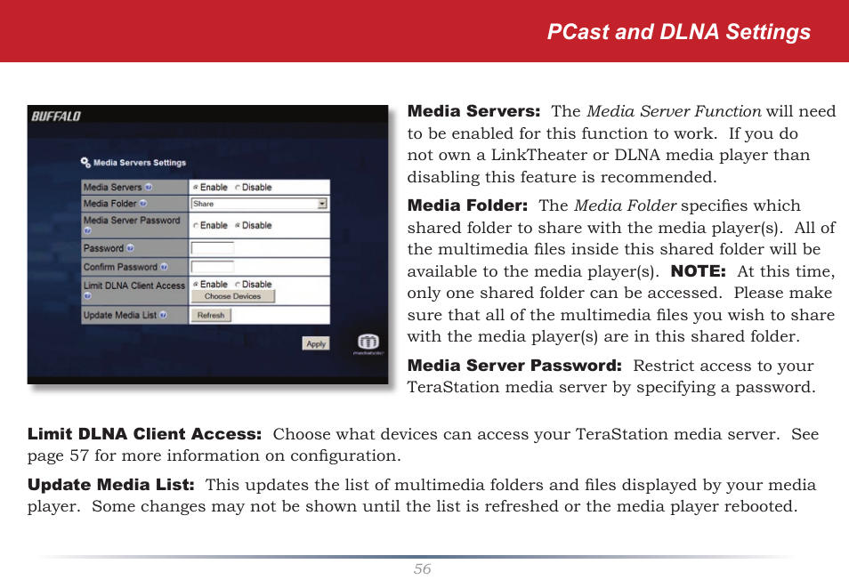 Pcast and dlna settings | Buffalo Technology TeraStation HS-DTGL/R5 User Manual | Page 56 / 84