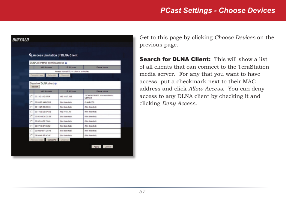 Pcast settings - choose devices | Buffalo Technology TeraStation HS-DTGL/R5 User Manual | Page 57 / 84