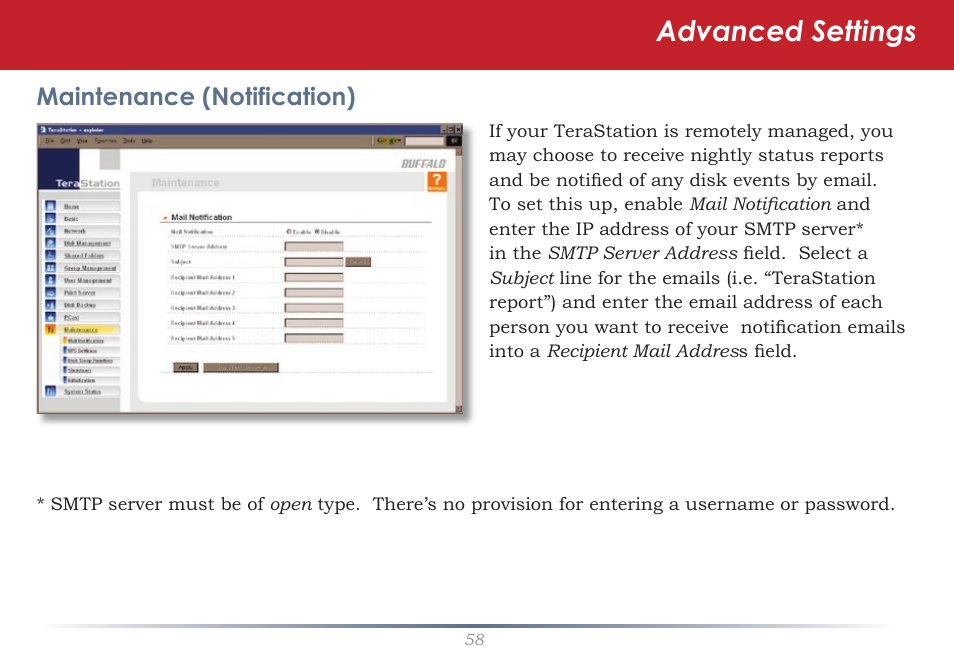 Advanced settings, Maintenance (notification) | Buffalo Technology TeraStation HS-DTGL/R5 User Manual | Page 58 / 84