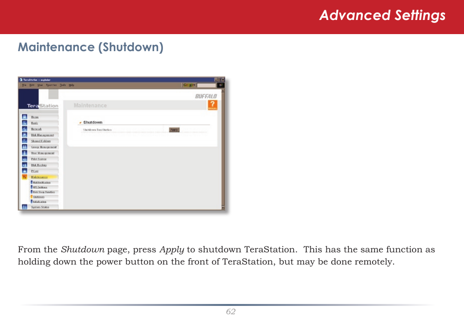 Advanced settings | Buffalo Technology TeraStation HS-DTGL/R5 User Manual | Page 62 / 84