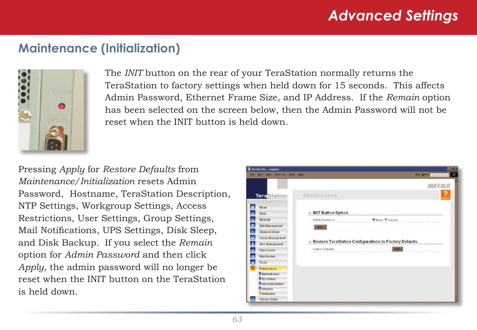 Advanced settings, Maintenance (initialization) | Buffalo Technology TeraStation HS-DTGL/R5 User Manual | Page 63 / 84