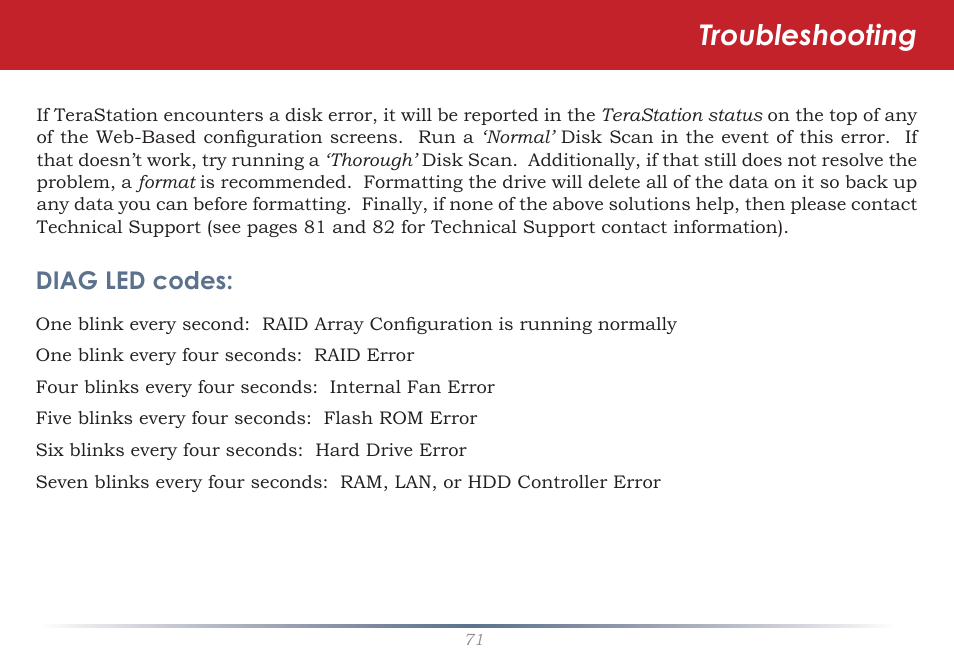 Troubleshooting, Diag led codes | Buffalo Technology TeraStation HS-DTGL/R5 User Manual | Page 71 / 84