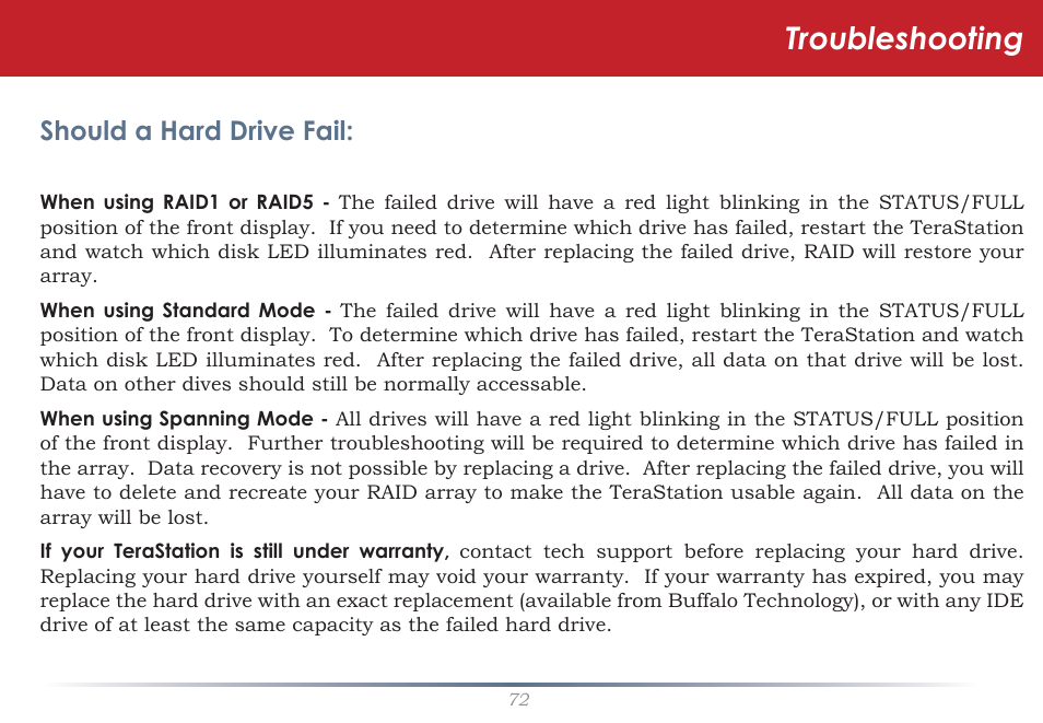 Troubleshooting, Should a hard drive fail | Buffalo Technology TeraStation HS-DTGL/R5 User Manual | Page 72 / 84