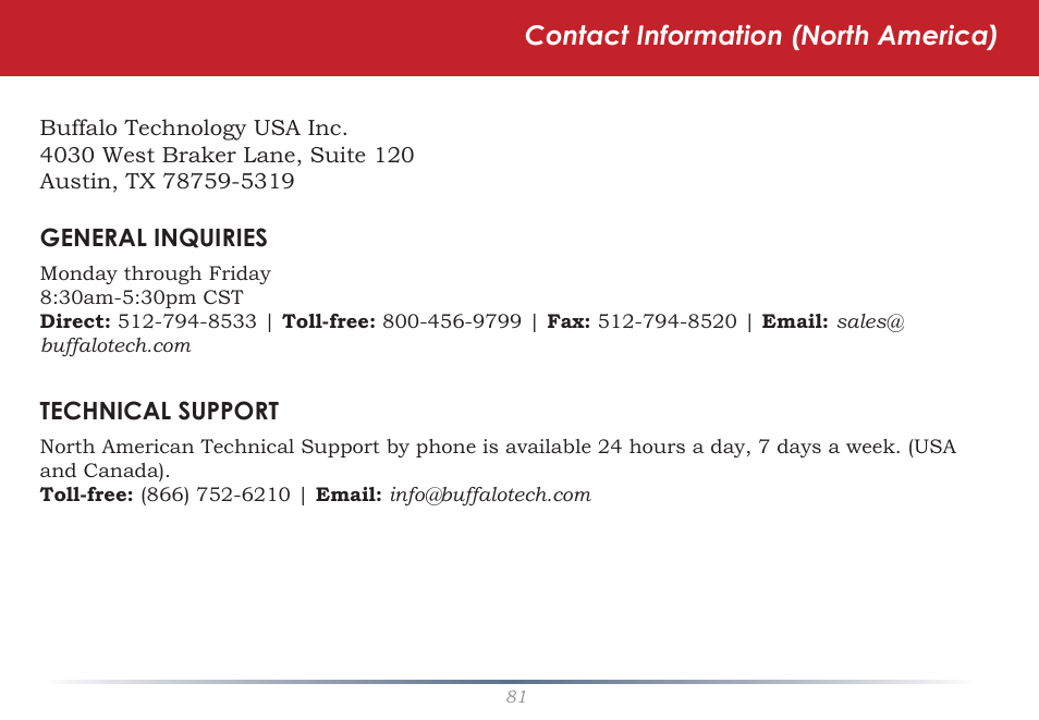 Contact information (north america) | Buffalo Technology TeraStation HS-DTGL/R5 User Manual | Page 81 / 84