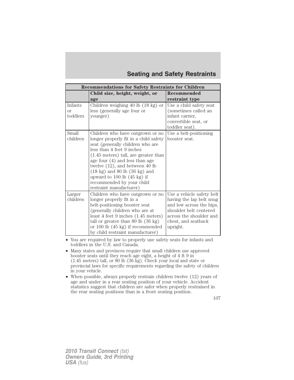 Seating and safety restraints | FORD 2010 Transit Connect v.3 User Manual | Page 107 / 258