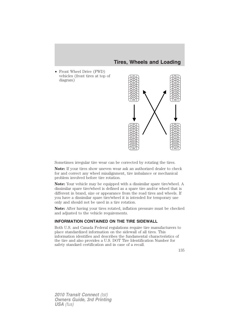 Information contained on the tire sidewall, Tires, wheels and loading | FORD 2010 Transit Connect v.3 User Manual | Page 135 / 258