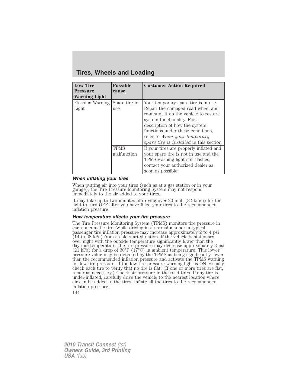 When inflating your tires, How temperature affects your tire pressure, Tires, wheels and loading | FORD 2010 Transit Connect v.3 User Manual | Page 144 / 258