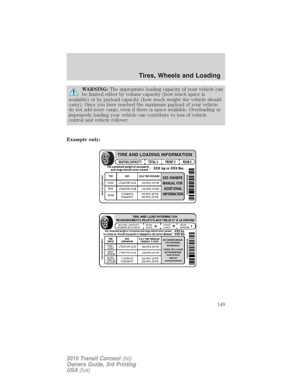 Tires, wheels and loading | FORD 2010 Transit Connect v.3 User Manual | Page 149 / 258