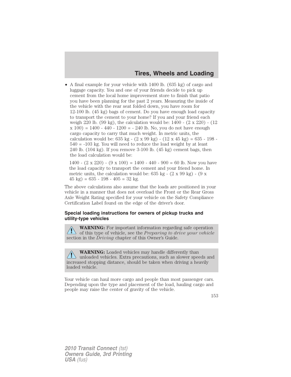 Tires, wheels and loading | FORD 2010 Transit Connect v.3 User Manual | Page 153 / 258