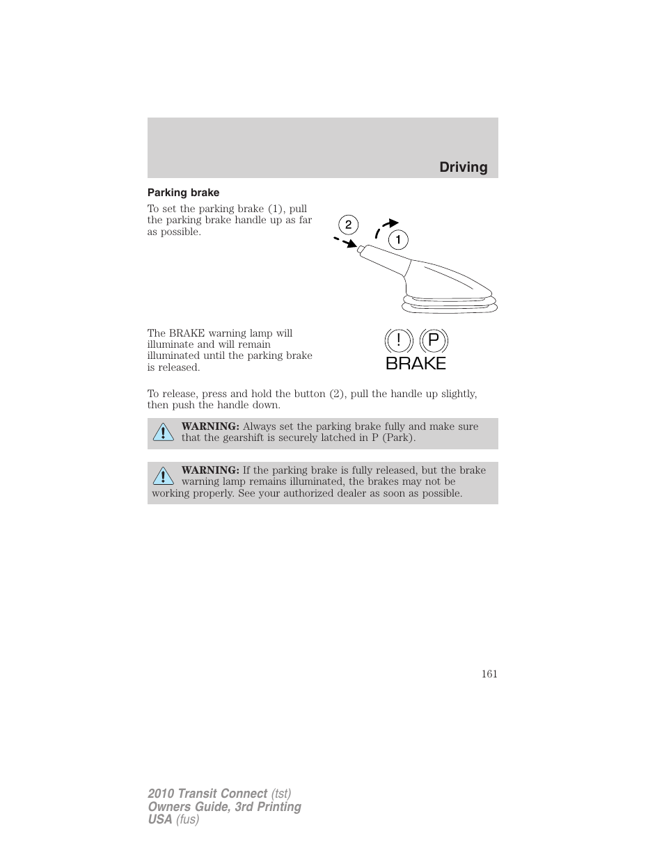 Parking brake, P! brake | FORD 2010 Transit Connect v.3 User Manual | Page 161 / 258